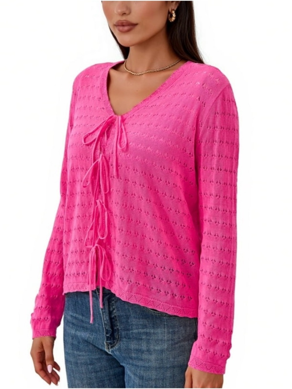 Women's Pink Tie-Front Eyelet Knit Sweater